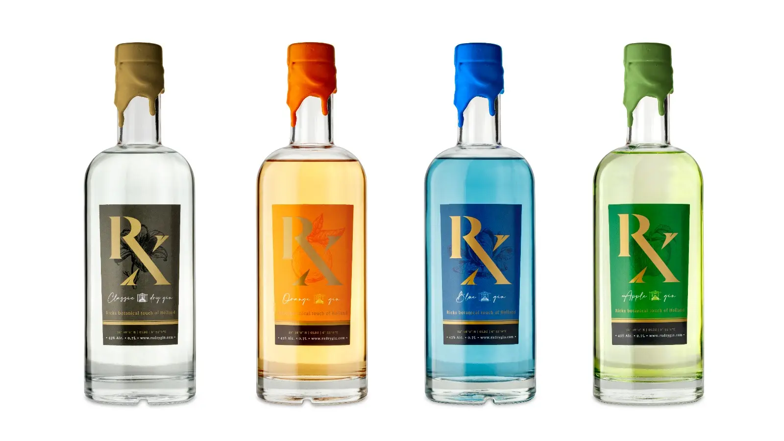 RX Classic, Orange, Blue and Apple Gin bottles from the Netherlands